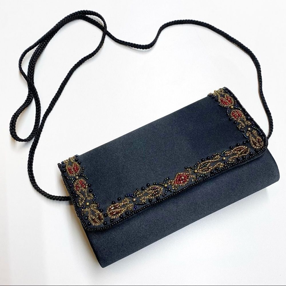 Vintage Chateau Black Satin Beaded Clutch Purse
